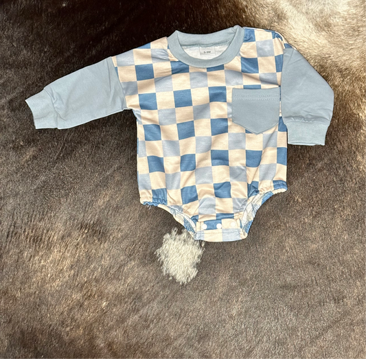 Blue Checkered Bubble Romper
