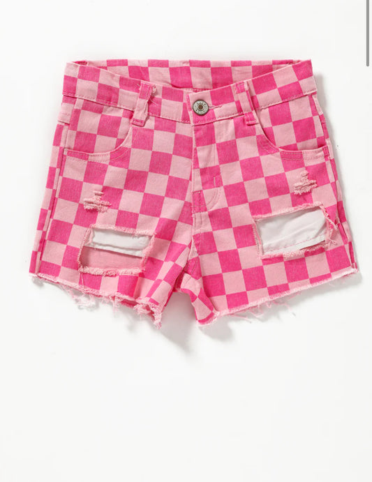 Pink checkered denim shorts